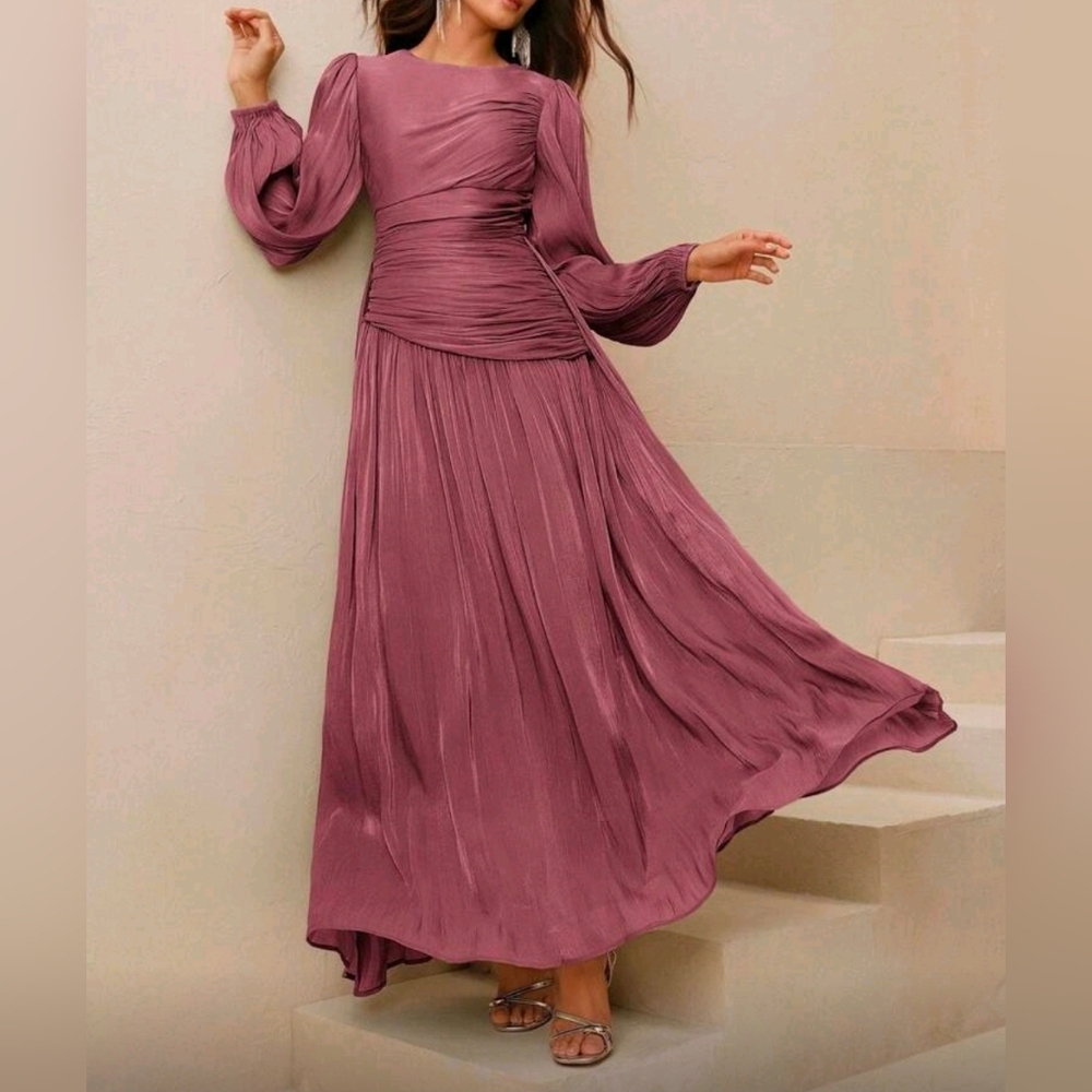 New Luxe Metallic Ruched Waist Maxi Dress Long Sleeve Rose Plum Gold